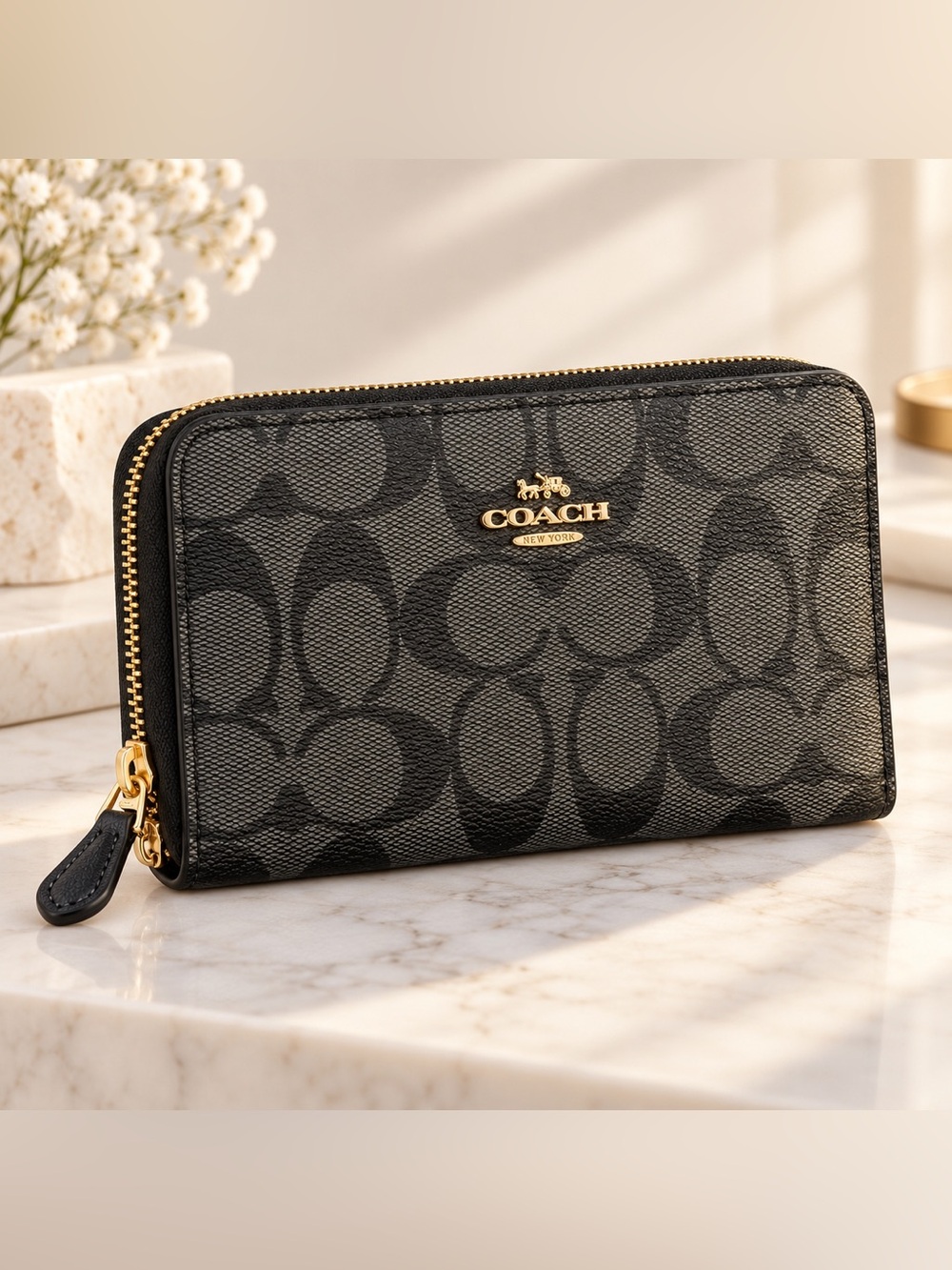 Coach Logo Zip-Around Continental Wallet - Black with Gold Hardware Designer Lux